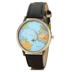 Sinma Ladies Global Travel By Plane World Map Dress Wrist Watch Denim Fabric Quartz Wristwatch Black