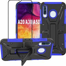 Hnhygete Galaxy A20 A50 A30 Case With Tempered Glass Screen Protector Rugged Hybrid Armor Anti-scratch Shockproof Kickstand Cover For Samsung Galaxy A50 A30 A20 2019 6.4" Blue