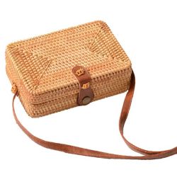 Hand Woven Rectangle Rattan Bag Shoulder Leather Straps - Jawa