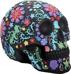 Day Of The Dead Dod Engraved Colored Floral Skull Halloween Black Colorful Figurine