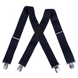 HDE Mens Heavy Duty X-back Clip Suspenders Adjustable Elastic 2" Shoulder Strap Navy Blue
