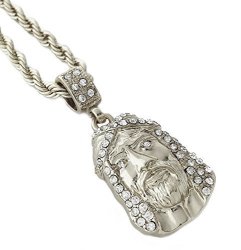 United Bling Jesus Piece Pendant Necklace With 24" Rope Chain Style 4 - Silver