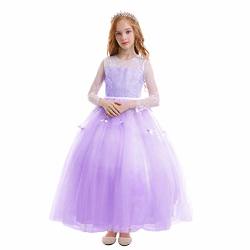 Fymnsi Flower Girls Lace Appliques First Communion Dress Long Sleeves Birthday Princess Ball Gown Tulle Wedding Dress Purple 6-7T