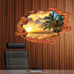 Creative Personality Background Mural 3D Broken Wall Landscape Sunset Sea View The Island Coconut Trees Home Decoration Removable Wall Sticker Mural