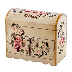 Novica Handcrafted White And Pink MINI Chest Of Drawers Floral Wood Jewelry Box Rose Bouquet'