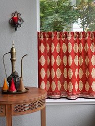 Saffron Marigold Spice Route Red Orange And White Moroccan Inspired Hand Printed Sheer Cotton Voile Kitchen Curtain Panel Rod Pocket 46" X 30"