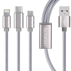Aceyoon Multi Port USB Cable 3 In 1 USB To Micro USB Lightning Type-c Nylon Braided Charger Multiple Charge 3.9FT For Iphone X 8