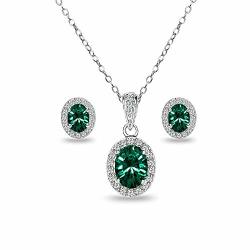 Sterling Silver Green Oval Halo Stud Earrings & Pendant Necklace Made With Swarovski Crystals