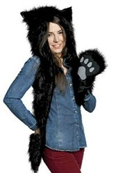 HatButik Black Cat Anime Faux Animal Hood Hoods Spirit Paws Ears Mittens Gloves Scarf