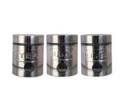 3 Piece Glass Canister Set With Stainless Steel Casing-sugar Coffee & Tea Set