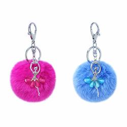 2 Pcs Fluffy Faux Fur Ball Keychain Key Ring Rhinestone Alloy Ballet Pendant Handbag Backpack Car Jewelry Accessories Rose Red + Sky Blue