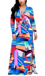 Farktop Women's V Neck Long Sleeves Digital Graffiti Printed Prom Party Maxi Long Dress With Belt S Multicoloured - 7