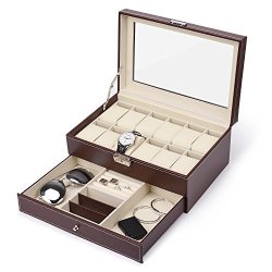 Juns 12 Slots Watch Box Mens Watch Organizer Pu Leather Case With Jewelry Drawer For Storage And Display