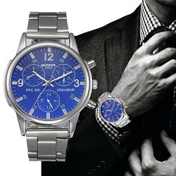 Watch Han Shi Mens Fashion Crystal Stainless Steel Analog Quartz Wristwatch Simple Clock Large Blue