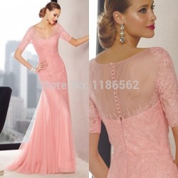 Mother Of The Bride - Elegant Chic V Neck Peach Tulle See Through Back With Buttons