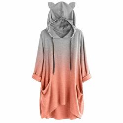 Womens Long Sleeve Loose Hoodie Claystyle Gradient Print Hoodie 3 4 Sleeve Long Dress With Pockets Pink 2XL