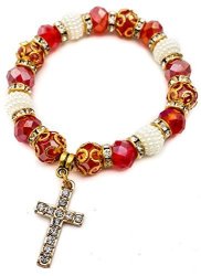 Red Crystal Beads Wrist Bracelet By Nazareth Store Catholic Cross Bangle Elastic Handmade Rosary Bracelet From Holy Land
