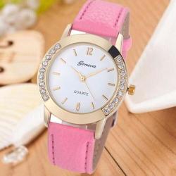 Geneva Watch - Very Classy Pink Leatherette Strap & Gold Tone Casing