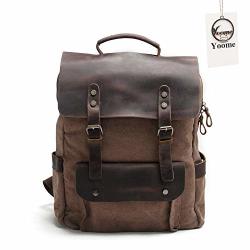 Yoome Canvas Laptop Backpack 14 Inch Vintage Genuine Leather College Backpack