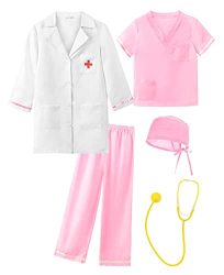 Relibeauty Kids Doctor Costume Set For Pretend Role Play With Stethoscope And Surgical Cap Pink 4T-4 110