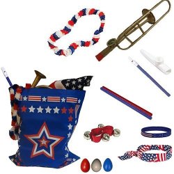4TH Of July Parade Pack For Kids - Patriotic Usa Music & Fun Pack Includes: Patriotic Bag Trombone Kazoo Red White Blue Lei Stars