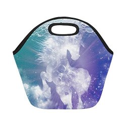 InterestPrint Insulated Lunch Tote Bag White Horse Galaxy Reusable Neoprene Cooler Magical Unicorn Portable Lunchbox Handbag For Men Women Adult Kids Boys Girls