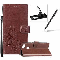 Brown Leather Case For Huawei P Smart Strap Wallet Flip Cover For Huawei P Smart Herzzer Classic Pretty Four Leaf Clover Print Magnetic Buckles