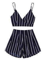 Makemechic Women's 2 Piece Outfit Summer Striped V Neck Crop Cami Top With Shorts Navy L