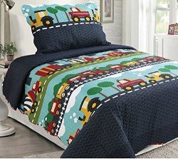 Fancy Collection 2PC Twin Size Quilted Bedspread Set Vehicles Trains Cars Trucks Blue Green Red Orange Black New