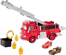 Disney Cars Stunt & Splash Red Firetruck With Collectible Golden Lightning Mcqueen Vehicle-- 1 With Color Change & 1 Golden Colored Toy Gift For