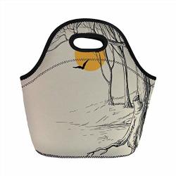Portable Neoprene Lunch Bag Apartment Decor Full Moon In The Forest With Dry Branch And Gull Tranquil Calm Nature Artprint Ecru Black Yellow For