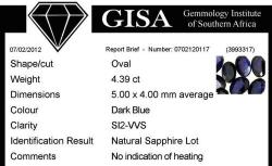 4.39ct Sapphire Lot G.i.s.a.certified Dark Blue Unheated Si2-vvs