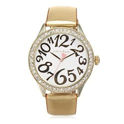 ShoppeWatch Womens Dress Watch Gold Tone Leather Strap White Dial Crystal Bezel Quartz Jade Lebaum - JB202866G