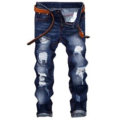 Pishon Men's Distressed Jeans Casual Bleached Straight Fit Patched Destroyed Jeans Blue Tag Size 34=US Size 32
