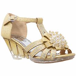 Generation Y Girl's Platform Wedge Dress Sandals T-strap Rhinestone Beaded Painted Clear Heels Gold Glitter clear Size 2