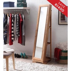 Solid Standing Acacia Wood Mirrored Jewellery Cabinet