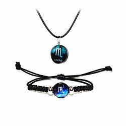 Choice Of All 2 Pcs 12 Horoscope Zodiac Round Glass Pendant Necklace For Women Constellation Beaded Hand Woven Leather Bracelet For Girls Zodiac Jewelry Set Scorpio 10.23-11.21
