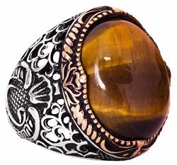 Falcon Jewelry 925 Sterling Silver Men Ring Natural Tiger-eye Gemstone Free Express Shipping