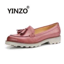 Yinzo Womens Retro Tasseled Leather Loafers - Pink 10