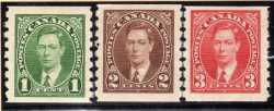 Canada 1937 Defin Set Of 3 Coil Stamps Clean Mounted Mint. Sg 368-370. Cat 29 Pounds.
