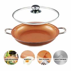 14 Inch Non Stick Copper Coated Ceramic Induction Base Cooking Fry Pan 14"WOK Casserole Set With Lid Dishwasher & Oven Safe Copper Wok Set