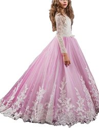 Holy Mulanbridal Kids First Communion Dress Ball Gown Flower Girl Dresses Lace Pageant Gowns Pink CHILD-4