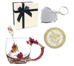 4 Piece Enamel Rose Gold Glass Coffee Mug Gift Box Set For Women & Men