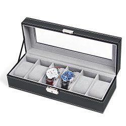 Better Chance Watch Box Organizer 6-SLOT Jewelry Holder Display Case Watch Cases For Men Pu Leather With Glass Lid Key Lock Black