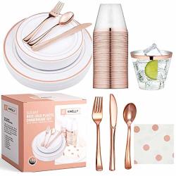 Includes Plastic Knives Forks 169PCS Disposable Dinnerware Set Wedding Bridal Shower Spoons Cups,Party Supplies for Birthday Napkins Serves 24 Guest Paper Plates