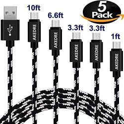 Micro USB Cable Akedre 5PACK 10FT 6.6FT 3.3FT 3.3FT 1FT Premium Nylon Braided High Speed Micro USB Cable Male To Micro B Sync And