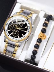 1PC Men Round Pointer Quartz Watch & 1PC Bracelet