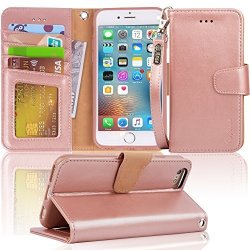 IPhone 6S Case Iphone 6 Case Arae Apple Iphone 6 6S Wrist Strap Flip Folio Kickstand Feature Pu Leather Wallet Case With Id&credit Card Pockets Rosegold