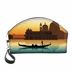 Half Moon Cosmetic Beauty Bag People In Gondolas Venice City Of Historical Importance Abstract Illustration For Women & Girls School Travel Office