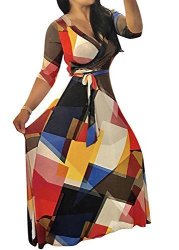 Farktop Women's V Neck Long Sleeves Digital Graffiti Printed Prom Party Maxi Long Dress With Belt Xx-large Multicoloured 01